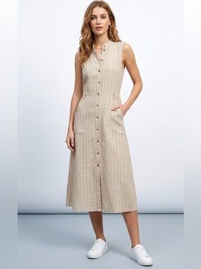 Lee Cooper Beige & White Button-Front Sleeveless Cotton Blend Dress Size Small